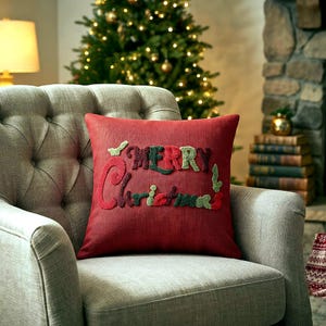 Christmas Pillow Cover Red Embroidered Holiday Cushion Festive Sofa Throw Winter Decor Merry