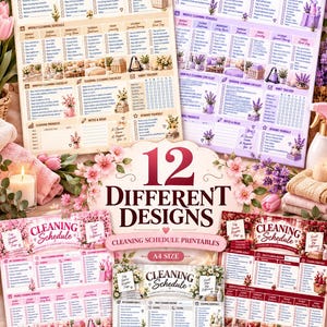 May include: A collection of twelve A4 size cleaning schedule printables featuring floral designs in various color palettes. Each sheet includes sections for daily routines, weekly tasks, monthly checklists, habit trackers, and cleaning goals.