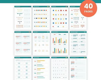 Può includere: Un set di 40 pagine di schede didattiche di matematica per la scuola dell'infanzia con forme geometriche colorate, esercizi di conteggio, sequenze numeriche e grafici. Il testo include Kindergarten Math, Term 1, 12 Weeks, Ages 5-6, A4 + US Letter, Instant Download.