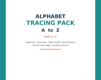 Può includere: Un pacchetto di tracciamento dell'alfabeto per bambini dai 3 ai 6 anni, con il testo ALPHABET TRACING PACK A to Z, Uppercase, Lowercase, Letter Sounds, Name Practice, 40 print-ready pages, no prep, just print, e OfficialSTEM officialstem.com.
