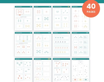 Può includere: Un quaderno di esercizi didattici di 40 pagine intitolato More, Fewer & Same per bambini di 3-4 anni, contenente schede stampabili con esercizi di matematica. Le pagine includono illustrazioni di mele, stelle e forme per confrontare gruppi.