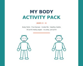 Può includere: Una copertina bianca per un pacchetto di attività educative intitolato MY BODY ACTIVITY PACK per bambini dai 3 ai 6 anni. Presenta icone a linee colorate di un occhio, orecchio, mano, cuore, dente e piede, e due semplici figure stilizzate color ottanio.