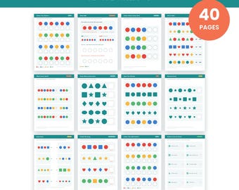 Può includere: Una raccolta di 40 schede didattiche con modelli prescolari che presentano sequenze AB e AAB per bambini dai 3 ai 5 anni. Le pagine includono forme colorate come cerchi, quadrati, stelle e cuori in rosso, blu, verde e giallo. Testo: Preschool Patterns.