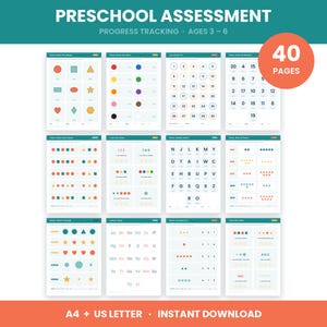 Puede incluir: Un conjunto de 40 páginas de seguimiento de progreso para evaluación preescolar de 3 a 6 años, con hojas de trabajo de formas, colores, números, letras y patrones. Incluye cuadrículas, listas y gráficos en tamaños A4 y US Letter para descargar.