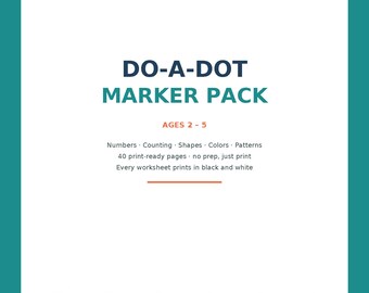 Può includere: Una copertina di foglio di lavoro stampabile intitolata DO-A-DOT MARKER PACK per bambini dai 2 ai 5 anni. Presenta sei cerchi colorati in alto, sei cerchi vuoti in basso e un testo che elenca numeri, conteggio, forme, colori e motivi su 40 pagine.