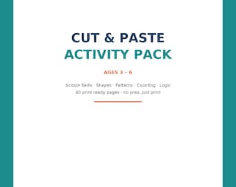 Può includere: Una copertina bianca per un pacchetto di attività con bordo verde acqua e forme colorate in alto e in basso. Il testo recita CUT & PASTE ACTIVITY PACK, AGES 3-6, Scissor Skills, Shapes, Patterns, Counting, Logic, 40 print-ready pages, no prep, just print.