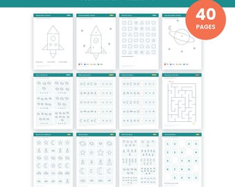 Può includere: Una raccolta di 40 pagine di attività stampabili intitolate SPACE AND PLANETS SOLAR SYSTEM AGES 3-6. I fogli presentano disegni al tratto in bianco e nero di razzi, stelle e pianeti per contare, colorare, schemi e labirinti in formato A4.