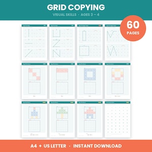 Może przedstawiać: Cyfrowy zeszyt ćwiczeń składający się z 60 stron pod tytułem Grid Copying Visual Skills Ages 3-4, zawierający arkusze z liniami kropkowanymi, kształtami geometrycznymi i kolorowymi wzorami siatek do odwzorowania. Formaty A4 i US Letter.