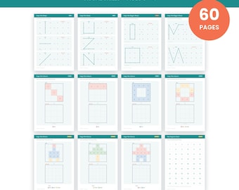 Può includere: Un quaderno di esercizi digitale di 60 pagine intitolato Grid Copying Visual Skills Ages 3-4, contenente fogli di lavoro con linee tratteggiate, forme geometriche e griglie colorate da copiare. Include i formati A4 e US Letter.