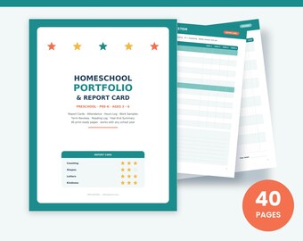 Può includere: Un set di documenti per portfolio e pagelle per l'istruzione domiciliare con bordo verde acqua, cinque stelle colorate e testo che include "Homeschool Portfolio & Report Card", "Preschool - Pre-K - Ages 3-6" e "40 Pages". Include sezioni per pagelle, presenze e lavori.