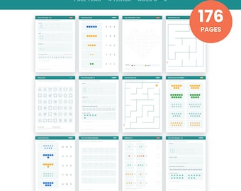 Può includere: Un programma completo per la scuola dell'infanzia con 176 pagine di schede didattiche per bambini dai 3 ai 6 anni. La raccolta include 12 pagine stampabili con attività come tracciamento di lettere, conteggio, riconoscimento di forme, labirinti e addizioni.