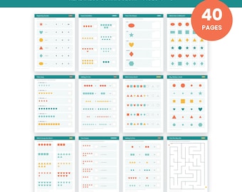 Può includere: Un quaderno di esercizi di preparazione alla scuola dell'infanzia di 40 pagine con schede didattiche contenenti forme, esercizi di conteggio e labirinti. Le pagine includono icone colorate e il testo KINDERGARTEN READINESS CURRICULUM AGES 4-6.