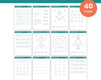 Può includere: Un set di 40 pagine di programma STEM prescolare per bambini dai 3 ai 6 anni. Le schede includono il tracciamento dei numeri, il conteggio, l'identificazione delle forme, attività di colora per numero, labirinti e pratica di taglio in A4 e US Letter.