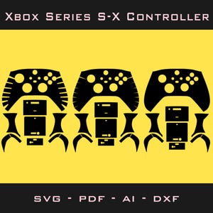 May include: A digital graphic design file featuring three black silhouette templates of an Xbox Series S-X controller with various decal components on a yellow background. The text XBOX SERIES S-X CONTROLLER and SVG - PDF - AI - DXF are included.