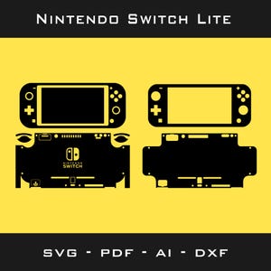 Może przedstawiać: Czarny cyfrowy szablon dla Nintendo Switch Lite na żółtym tle. Projekt zawiera układy przedniej i tylnej części konsoli z logo Nintendo Switch. Tekst na górze brzmi NINTENDO SWITCH LITE, a na dole SVG - PDF - AI - DXF.