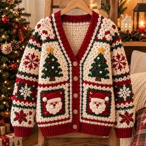 May include: A V-neck cardigan made of crocheted yarn featuring a festive holiday pattern. The design includes alternating squares of cream, red, and green, displaying motifs of Christmas trees with yellow stars, Santa Claus faces, and snowflakes.