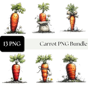 Può includere: Una collezione digitale di 13 file PNG con carote arancioni illustrate e foglie verdi. Le grafiche includono carote con facce sorridenti, alcune inserite in sacchi, legate con fiocchi o avvolte da spago, il tutto su uno sfondo bianco.