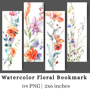 May include: Four vertical rectangular bookmarks featuring watercolour floral illustrations. Each bookmark displays a unique arrangement of colourful flowers and greenery on a white background. The text reads Watercolor Floral Bookmark 04 PNG | 5x15 cm.