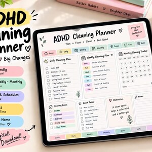 Puede incluir: Un planificador de limpieza ADHD digital en la pantalla de una tableta, con secciones para tareas diarias, semanales y mensuales, listas de verificación y motivación. La interfaz incluye pestañas de colores, casillas de verificación y etiquetas.