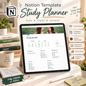 Pode incluir: Um modelo digital de planejador de estudos Notion exibido na tela de um tablet. A interface inclui seções para painel, sala de aula, gerenciamento, crescimento e finanças. O texto inclui Study Planner, Plan + Study + Achieve e Study Bundle.