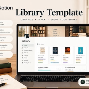 Op de afbeelding: Een Notion-bibliotheeksjabloon weergegeven op een laptopscherm, met een boekendatabase, leestracker, beoordelingen en categorieën. De interface toont boekomslagen en voortgangsbalken. De tekst bevat Notion Library Template, Organize, Track, Enjoy Your Books en Instant Download.