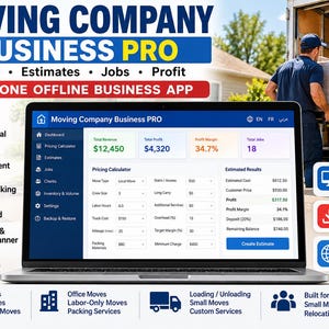 Könnte beinhalten: Ein Laptop mit der Benutzeroberfläche der Software Moving Company Business PRO, die ein Dashboard mit Umsatz-, Gewinn- und Auftragsdaten sowie einen Preiskalkulator und verschiedene Verwaltungstools auf dem Bildschirm anzeigt.