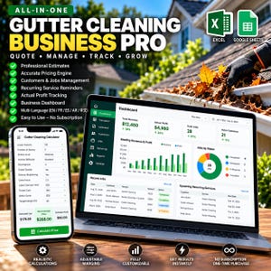 May include: A digital gutter cleaning business management tool displayed on a laptop and smartphone screen. The interface shows dashboards, revenue charts, job status, and a price calculator with text including All-In-One Gutter Cleaning Business Pro.
