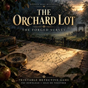 May include: A printable detective game titled The Orchard Lot: The Forged Survey, featuring a map on a wooden table with a brass compass and apples. The text reads Morrow Quay Mysteries, The Orchard Lot, The Forged Survey, and Printable Detective Game.