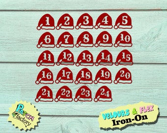 Advent calendar numbers iron-on patch set santa hat in 49 colors