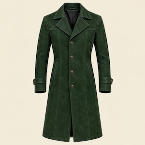 May include: A dark forest green long coat featuring a structured collar, a front button closure with four visible buttons, long sleeves with adjustable cuff straps, and two vertical side pockets. The coat has a smooth, matte finish throughout.