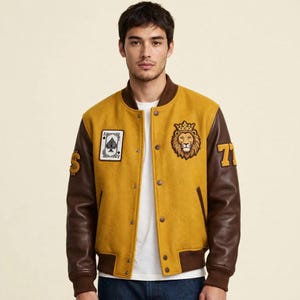 Men’s Yellow Brown Varsity Jacket, Leather Sleeve Letterman, Custom Patches