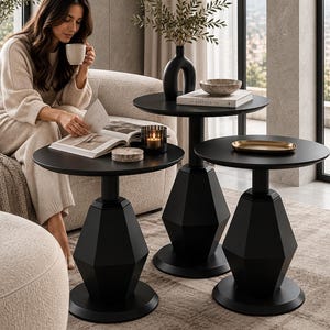 Set of 3 Black Wooden Pedestal Side Table – Modern Round Coffee Table (50-55-60 cm)
