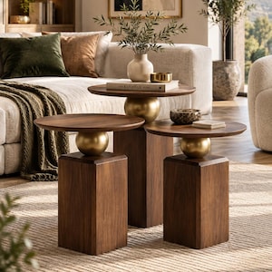 Luxury Set of 3 Nesting Tables, Walnut & Gold Side Tables, Modern End Tables, Designer Living Room Furniture