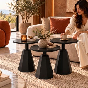 Black Wood Coffee Table Set, 3 Piece Round Side Tables, Modern Sculptural Pedestal End Tables, Nesting Tables, Luxury Living Room Furniture