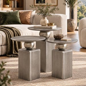 May include: A set of three nesting side tables with a brushed silver finish. Each table features a square pedestal base, a spherical center support, and a circular tabletop. The tables are arranged at varying heights to create a tiered display.