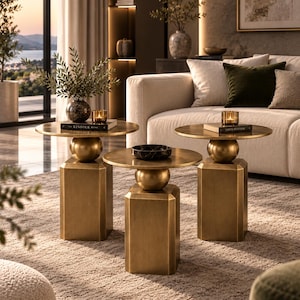 May include: A set of three brass side tables, each featuring a circular tabletop supported by a central spherical accent atop a hexagonal pedestal base. The tables are arranged in a cluster, displaying a metallic finish and a structured geometric design.