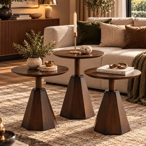 May include: A set of three dark brown wooden side tables, each featuring a circular top and a faceted, hexagonal pedestal base. The tables are arranged in a cluster, showcasing a consistent wood grain finish and a sturdy, geometric design.