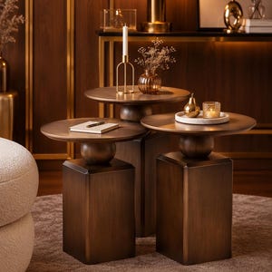 3 Piece Walnut Coffee Table Set, Round Wood Side Tables, Modern Sculptural Furniture, Living Room Decor
