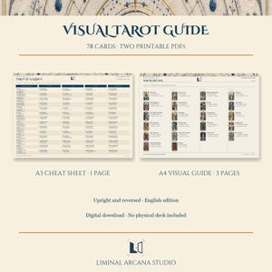 May include: Visual Tarot Guide featuring 78 cards across two printable PDFs. Includes an A3 cheat sheet and an A4 visual guide with three pages. The text displays Tarot at a Glance, Major Arcana, Upright and reversed, English edition, and Liminal Arcana Studio.