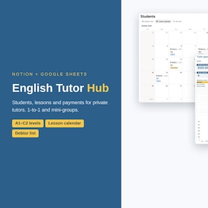English Tutor Notion Template + Google Sheets Payment Tracker | Private Tutor Planner, Student Database, Lesson Calendar