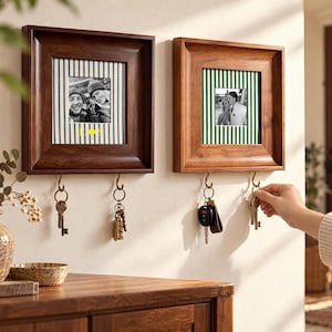 Op de afbeelding: Twee vierkante houten wandhouders voor sleutels met fotolijsten. Het linkerframe heeft blauw-witte strepen met een zwart-witfoto. Het rechterframe heeft groen-witte strepen met een zwart-witfoto. Elk heeft twee koperen haken voor sleutels.
