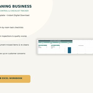 Może przedstawiać: Cyfrowy szablon Excel do kontroli jakości i śledzenia list kontrolnych dla firmy sprzątającej. Dokument zawiera listy zadań dla poszczególnych pomieszczeń, śledzenie inspekcji, oceny jakości oraz skoroszyt z 5 zakładkami i pulpitem nawigacyjnym.