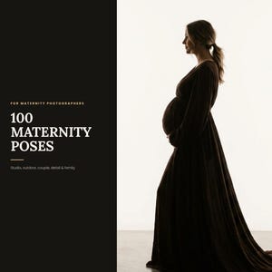 May include: A digital guide titled 100 MATERNITY POSES FOR MATERNITY PHOTOGRAPHERS, featuring text for studio, outdoor, couple, detail, and family sessions. Beside the text, a silhouette of a pregnant person in a long dark brown dress stands.
