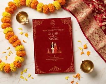 Indian Wedding Invitation Template, Nepali Wedding Invite, Maroon & Gold Hindu Card, Editable Canva Wedding Stationery, Instant Download