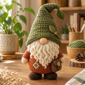 May include: A crocheted gnome figure featuring a tall olive green pointed hat with a leaf accent, a thick cream-colored yarn beard, and a rust-orange body with a small brown satchel. The gnome has a round peach-colored nose and dark brown feet.