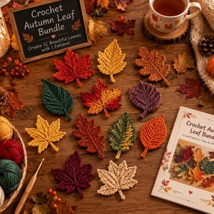 Peut inclure: Une collection de douze feuilles d'automne crochetées de formes et de couleurs variées, notamment rouge, orange, jaune, vert et violet. L'ensemble comprend un livret de modèles intitulé Crochet Autumn Leaf Bundle et un panneau en bois.