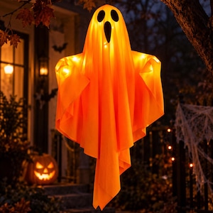 Può includere: Una decorazione a forma di fantasma sospeso realizzata in tessuto arancione brillante, con due occhi neri ovali e una bocca nera allungata. Il fantasma è illuminato dall'interno da luci calde, creando un effetto luminoso nell'ambiente esterno buio.