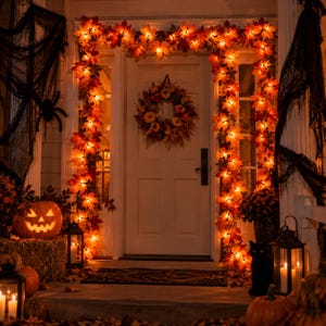Peut inclure: Une porte d'entrée décorée pour Halloween avec une guirlande de feuilles d'érable orange lumineuses, une couronne d'automne assortie, une citrouille sculptée, des toiles d'araignée noires, deux lanternes en métal et une figurine de chat noir.