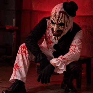 Può includere: Un costume da clown composto da una tuta bianca e nera con schizzi rossi simili a sangue, una maschera abbinata con naso lungo e appuntito e orbite scure, un piccolo cilindro nero, guanti neri e stivali neri per un completo horror.