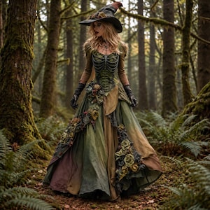 Pode incluir: Um vestido longo verde-oliva com um corpete que simula uma caixa torácica, mangas compridas e uma saia ampla decorada com rosas de tecido. O conjunto inclui um chapéu pontudo de aba larga a condizer e luvas de renda preta.